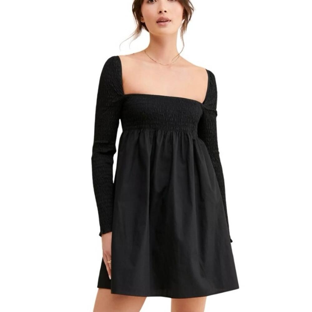 Third Form size 6 Black Shirred Babydoll Smocked Square Neck Long Sleeve Dress
